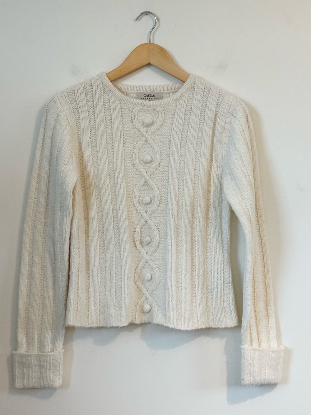 Vintage Ivory Cable Knit Bobble Pom Pom Crewneck Sweater Soft Coquette Size M